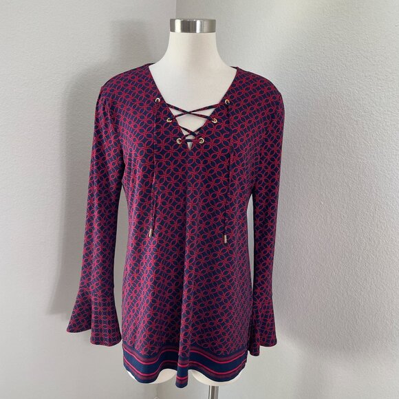 Michael Kors Womens Large Long Sleeve Stretch Top Red Rope Print V Neck Blouse - Picture 1 of 11